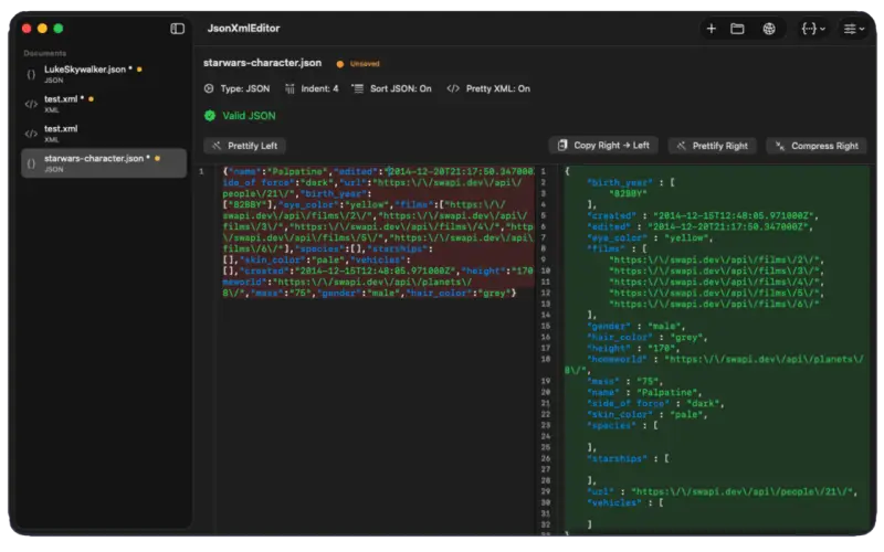 Json Xml Editor on macOS showing a formatted JSON document with the validation sidebar open