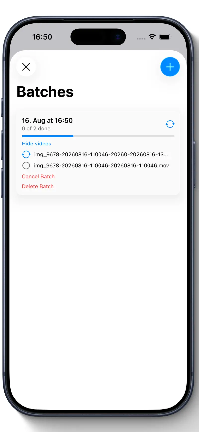 Reel Brand on iPhone showing a batch of videos queued for logo placement