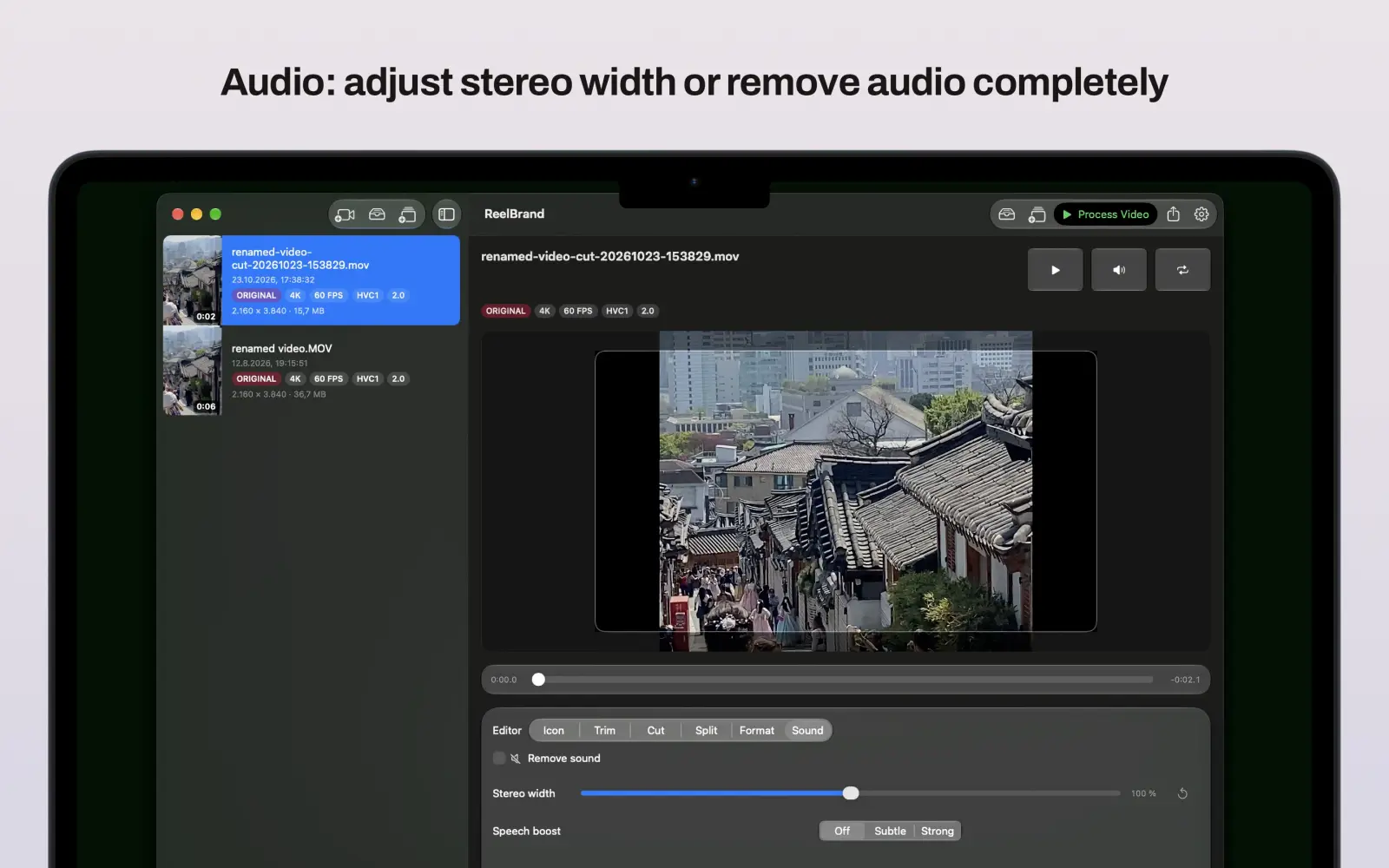 Captura de Reel Brand: Audio: remove sound or adjust stereo width and speech boost