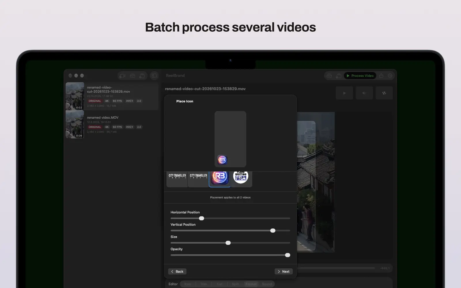 ReelBrand's Mac batch wizard shows the Place Icon step with logo position, size, and opacity controls.