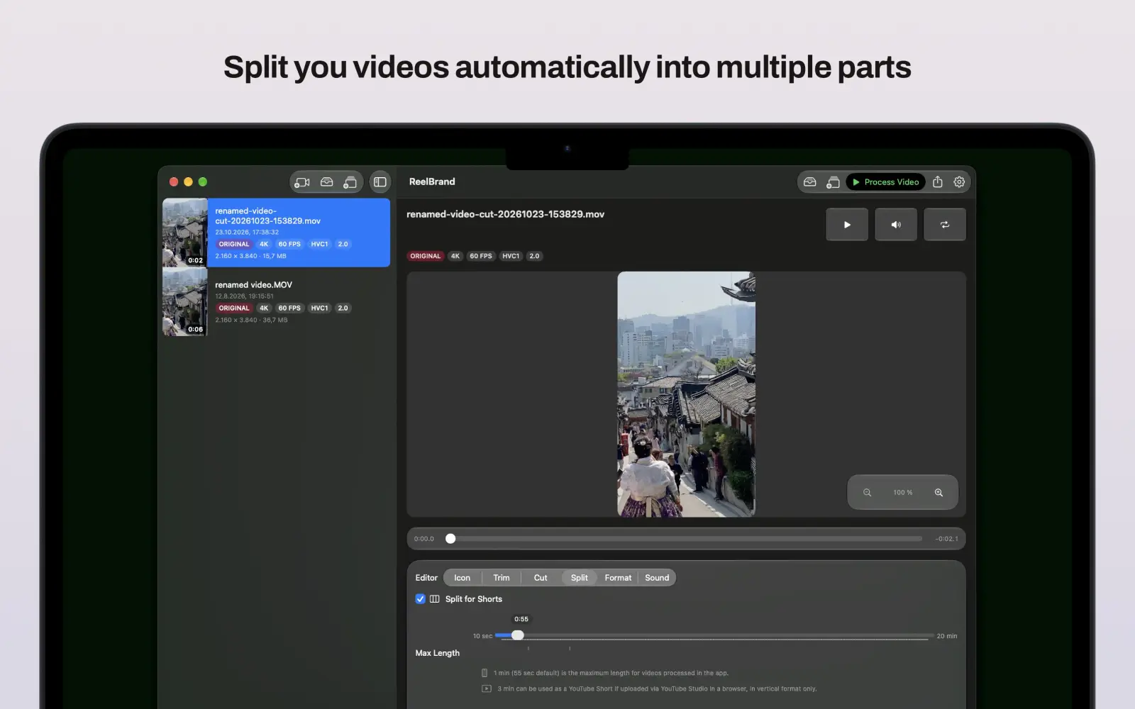 Captura do Reel Brand: Split for Shorts: set the length of each part