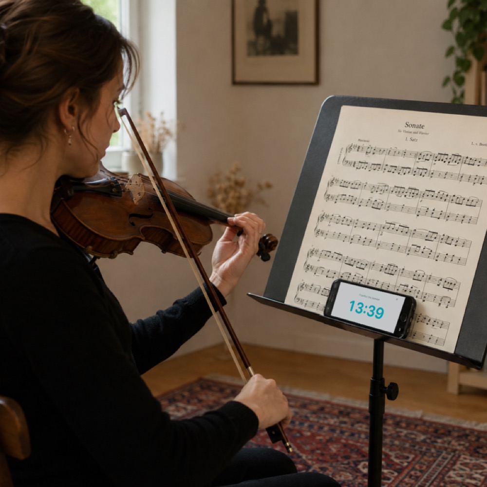 Viulisti harjoittelee Beethoven-sonaattia Prax-tarkennuslaskurilla, joka näyttää 13 minuuttia jäljellä telineessä